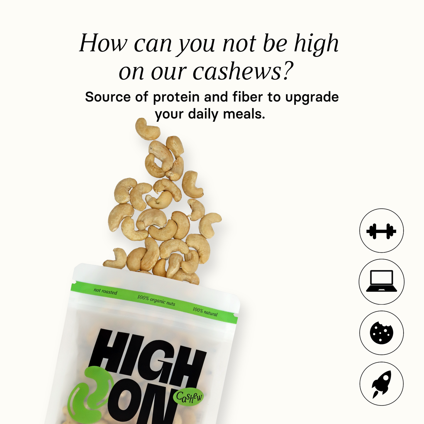 HIGH ON Bio Cashewkerne – Premium Nuss für Nerven & Fokus, 150g
